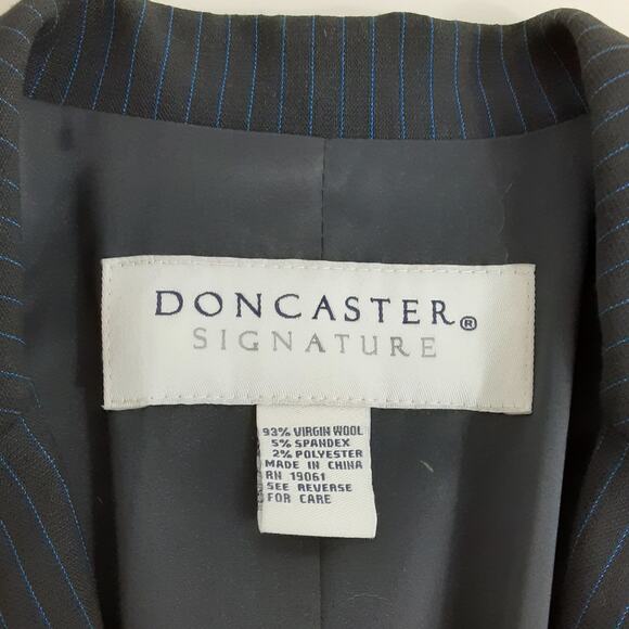 DonCaster Virgin Wool Suit Set Blue Pinstripe Blazer Straight Skirt Womens 12 - Picture 12 of 14